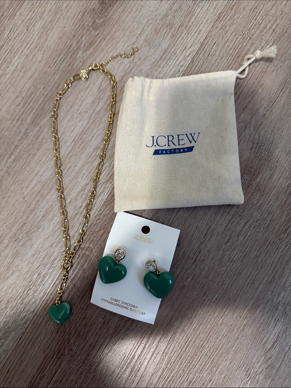 J. Crew Gold-Tone Necklace with Green Heart Pendant and Matching Earrings
